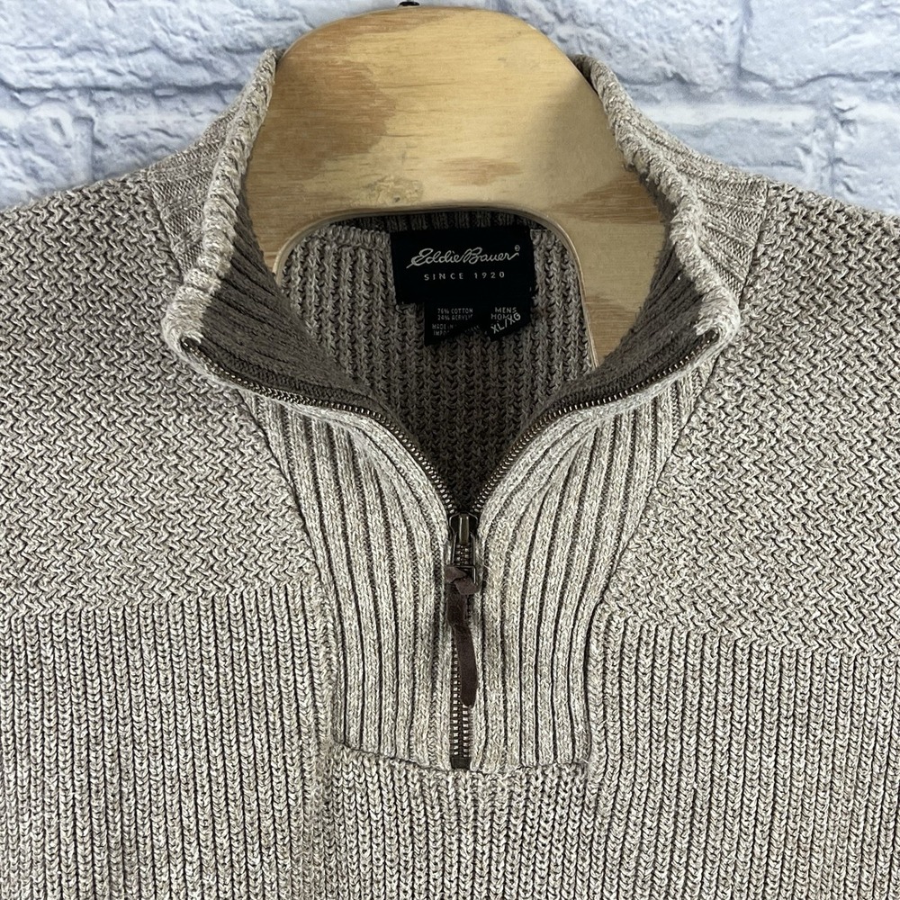 Vintage Eddie Bauer Men Beige Acrylic 1/4 Zip Pullover Knit Sweater USA XLT TALL